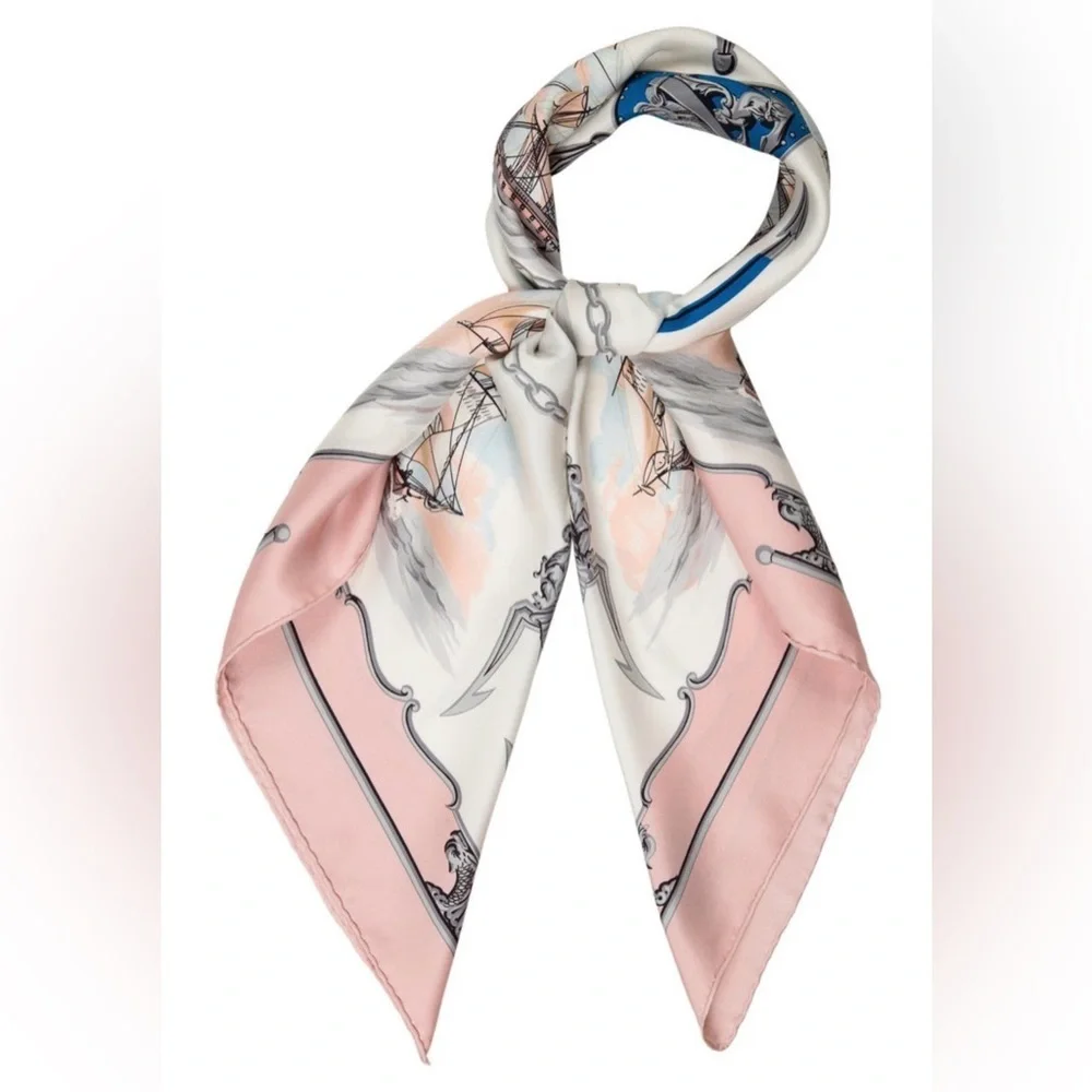HERMES Never Worn Vintage “The Wooden Marine” Pink Carre‎ 90 Silk Twill Scarf